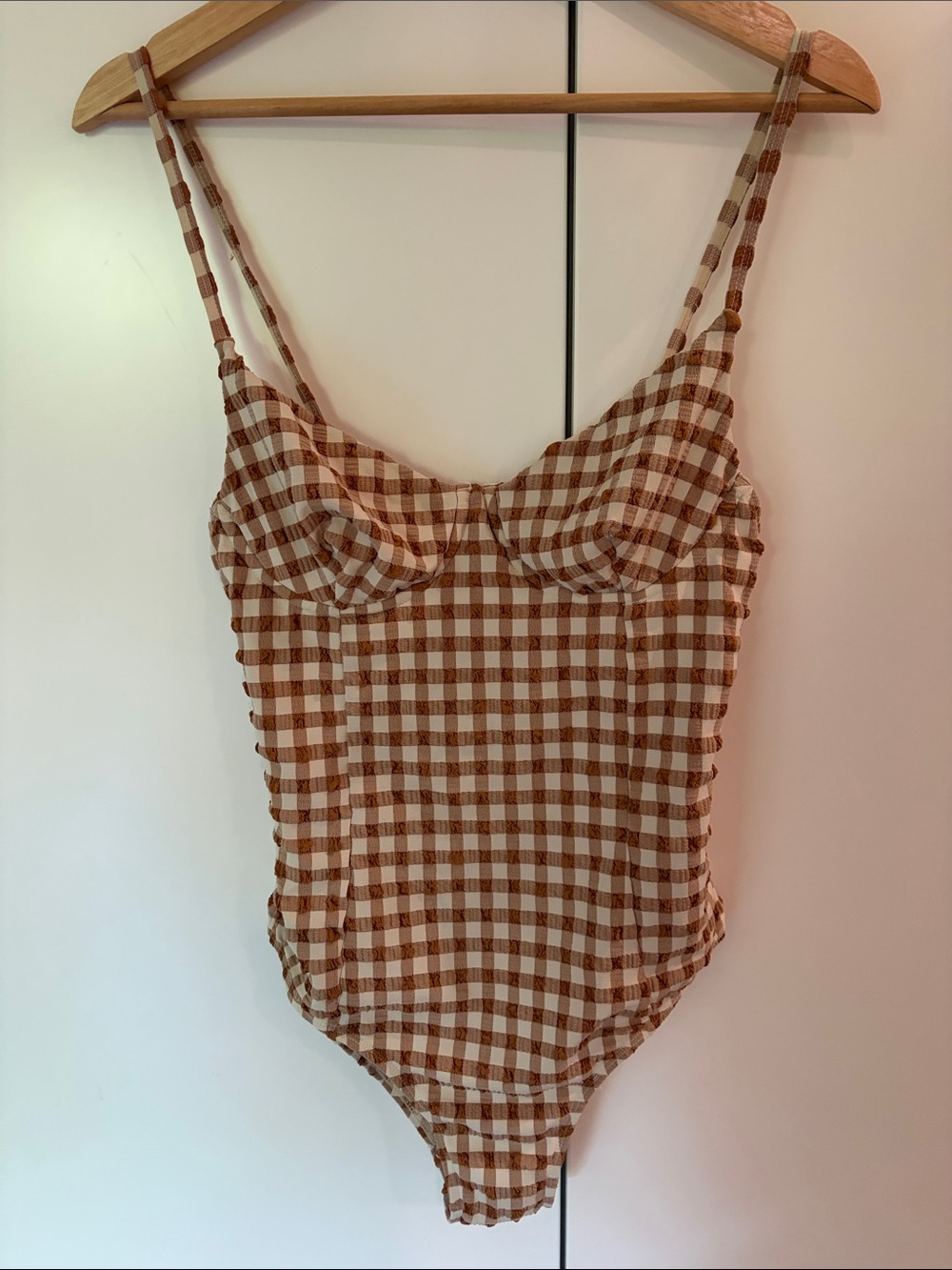Gingham One-Piece Swim Bodysuit in Brown/White